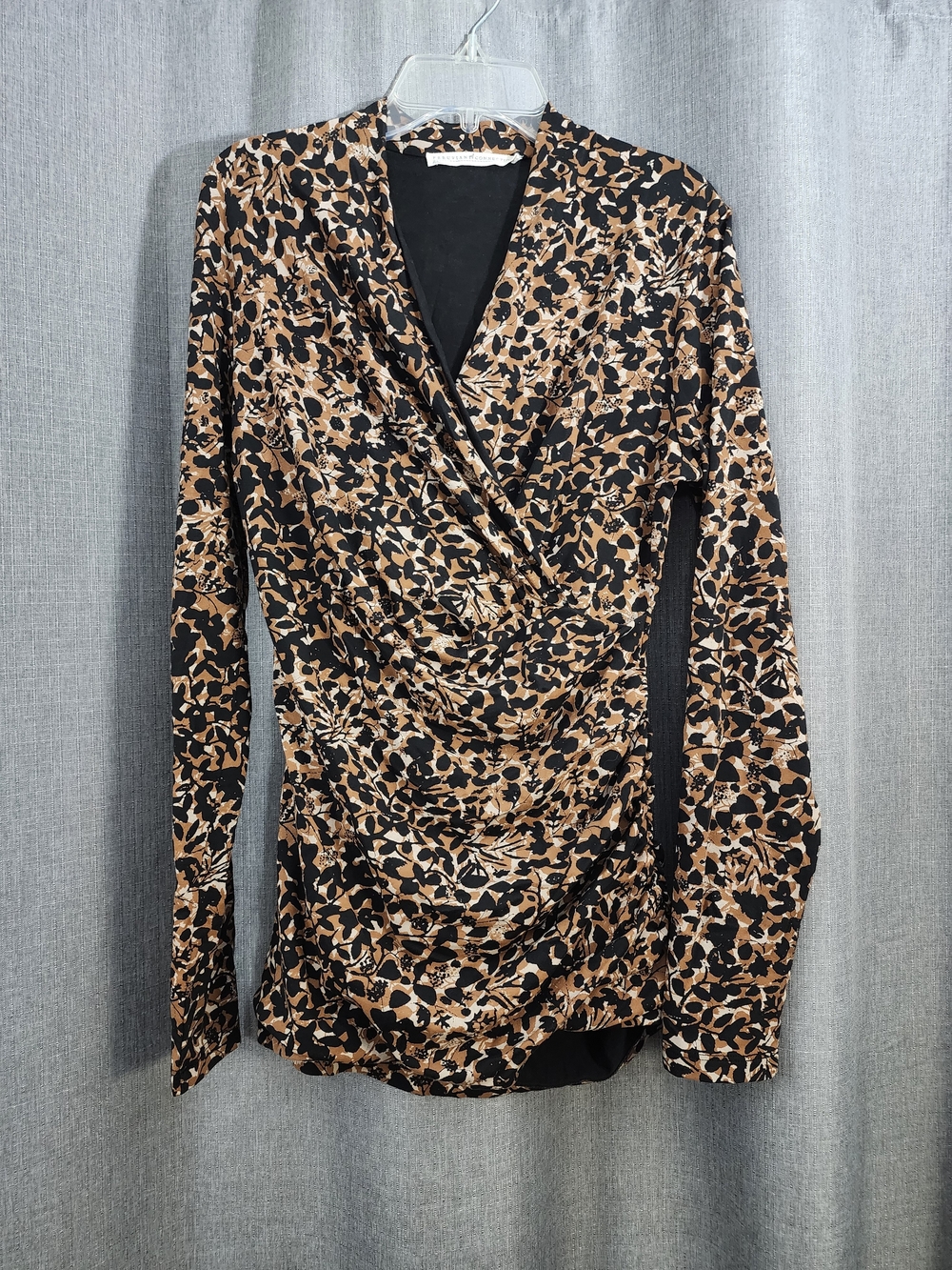 Peruvian Connection Black and Brown Floral Wrap-Style Long Sleeve Top